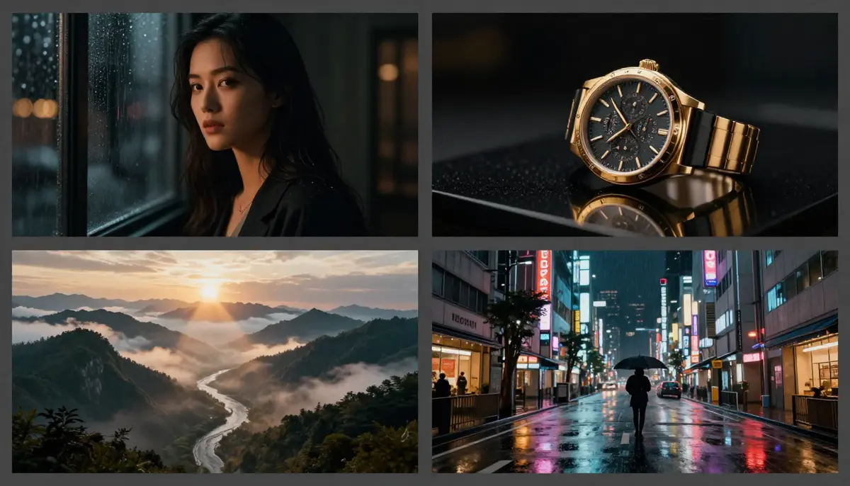 KI-generierte Videobilder aus vier verschiedenen Vorlagen: filmische Porträts, Produktpräsentationen, Naturlandschaften, urbane Straßenszenen.