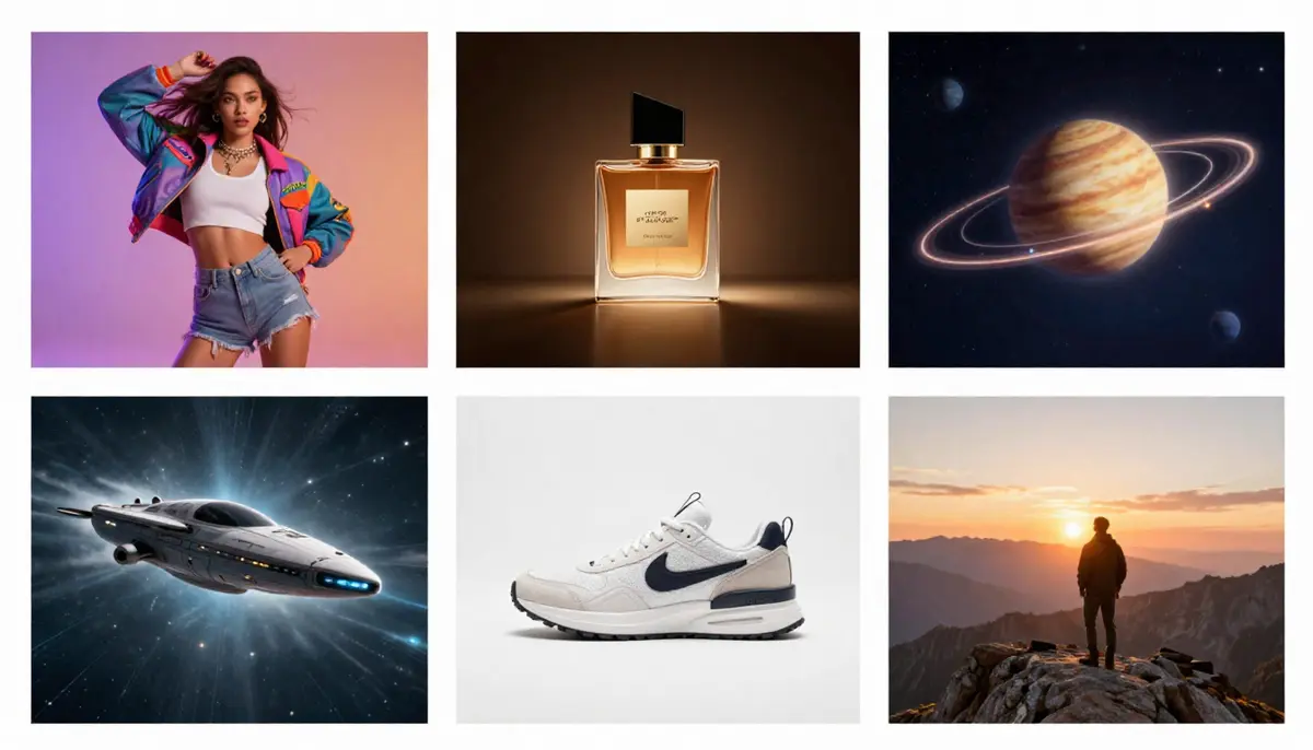 Sechs Panels zeigen verschiedene Anwendungsszenarien für Text-zu-Video-KI: soziale Medien, Marketing, Bildung, Unterhaltung, E-Commerce und YouTube-Inhalte.