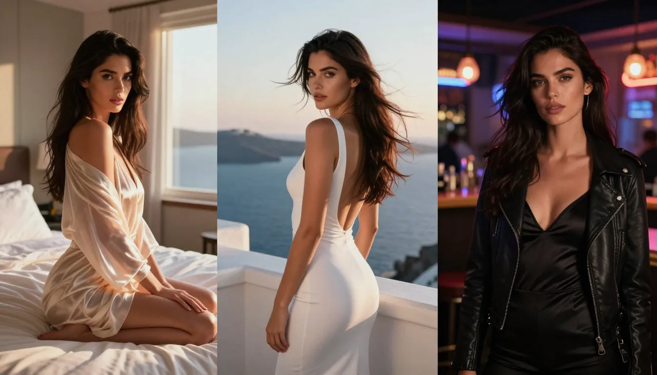 Seedance 2.0 character consistency demonstration showing the same woman in three different scenes - luxury hotel, Santorini balcony, and neon-lit bar